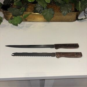 Vtg Pierre Santini Serrated Knife Set w/ Full Tang Wood Handles 3 Rivet Japan